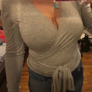 Gray Surplice Wrap Top